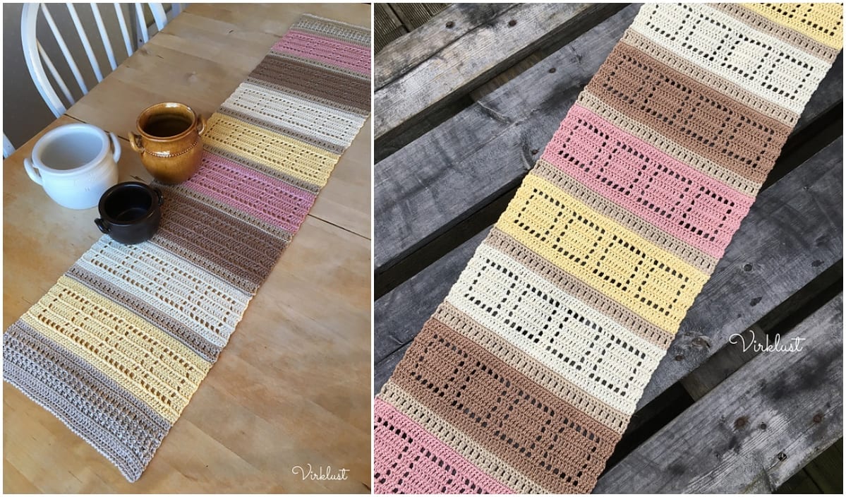 A crocheted table runner with stripes in beige, yellow, pink, and brown graces a wooden table. Beside it, white and brown teapots create a charming scene that hints at the inspiration found in free crochet patterns.