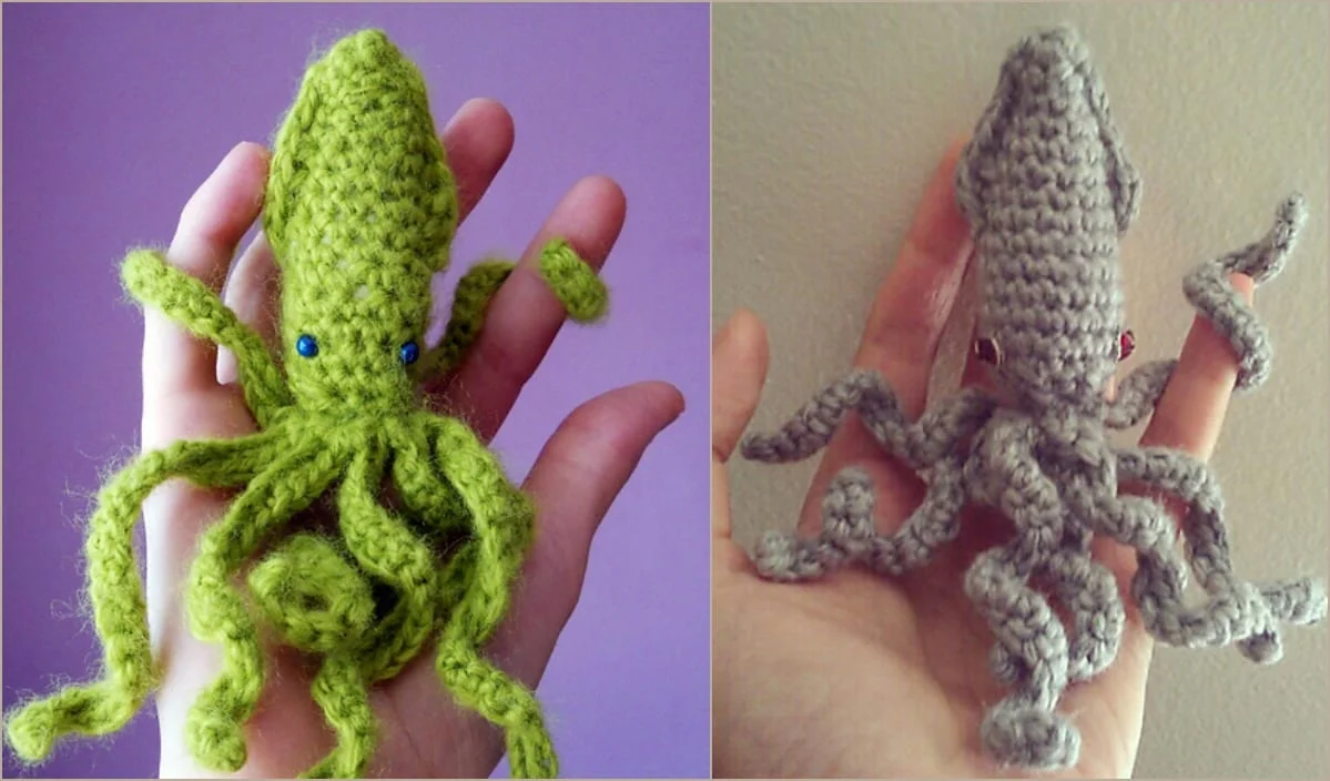 Two crocheted squid plushies, inspired by sea creatures, are held in separate hands against plain backgrounds. One is green, and the other is gray. Perfect for enthusiasts seeking free patterns to create their own charming crochet designs.