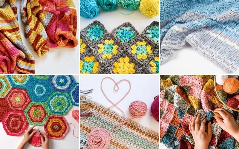 A collage of crochet projects, showcasing colorful yarns and patterns like stripes, granny squares, hexagons, and a heart-shaped yarn arrangement. Hands are shown crafting a crochet temperature blanket amidst the vibrant display.