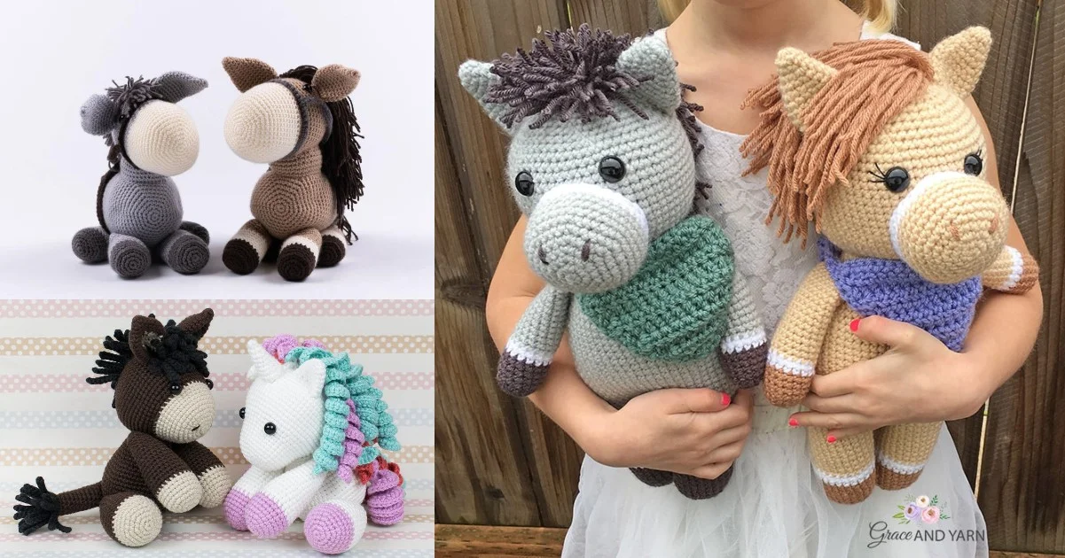 A child holds two charming amigurumi creations, featuring a delightful collection of crocheted stuffed animals like donkeys, horses, and a whimsical unicorn.