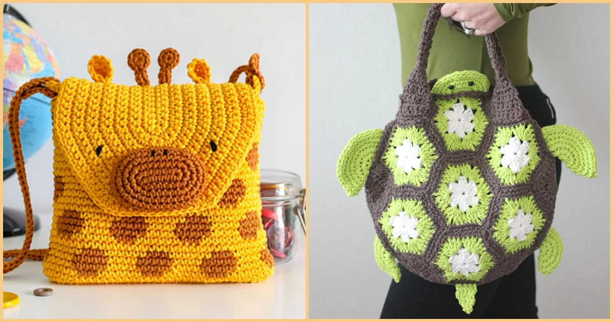 Two charming crochet bags: a yellow giraffe-themed backpack on the left and a green turtle-themed crochet purse held by a person on the right.