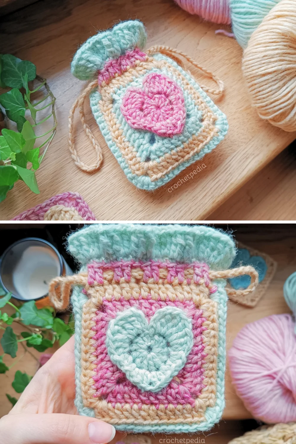 pastel color crochet drawstring bag with a 3D heart motif on the front