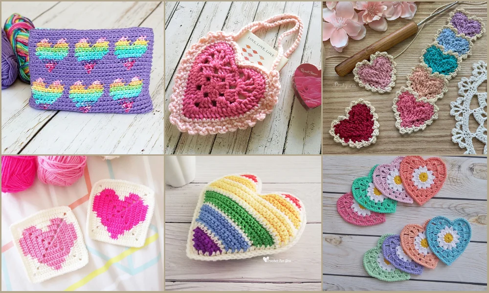 A collage of heart-themed, Valentine's Day crochet items, including purses, coasters, and decorations in various colors and styles.