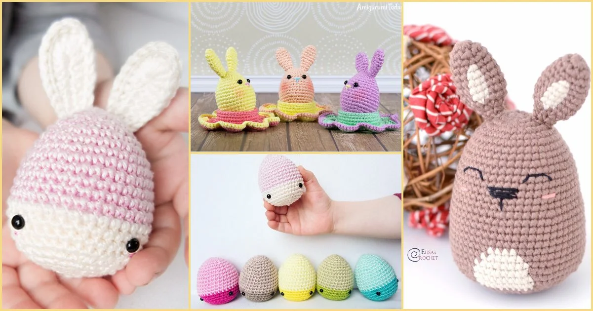 Collage of crochet animals, featuring an adorable rabbit with a charming Easter bunny egg pattern, alongside colorful jellyfish and other small creatures, all displayed in various delightful settings.