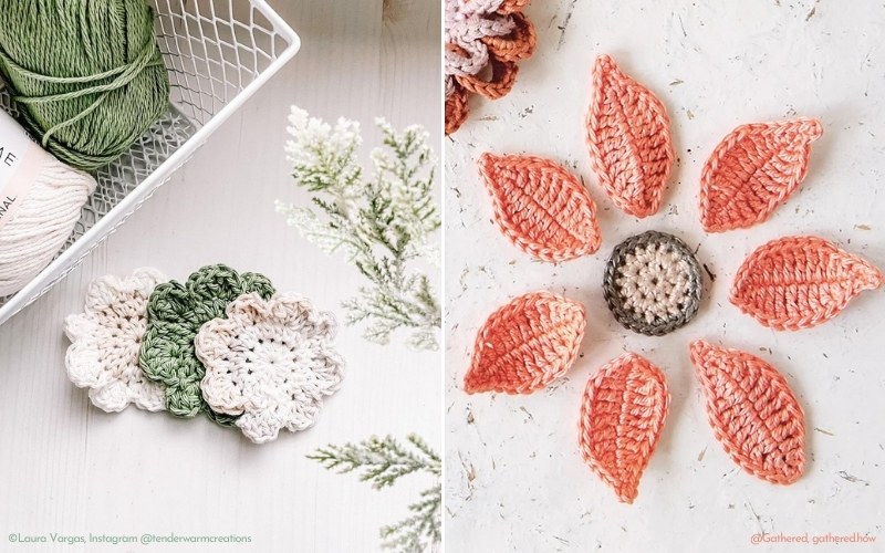 Crochet flower appliques and leaves in pink, green, and white. Left shows a basket with these delicate crocheted items. Right displays a circular arrangement of crocheted leaves around a charming center.