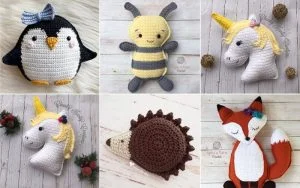 A collage of five adorable amigurumi plush toys: a penguin, a bee, two unicorns, a hedgehog, and a fox, all displayed on a light wooden background.