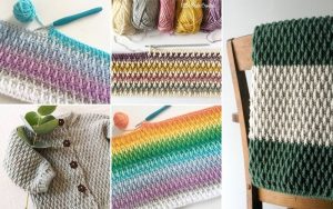 Explore various crochet projects featuring colorful yarns and intricate alpine stitch designs, including cozy blankets and a stylish sweater, all beautifully displayed with hooks and yarn balls to inspire your next crochet ideas.