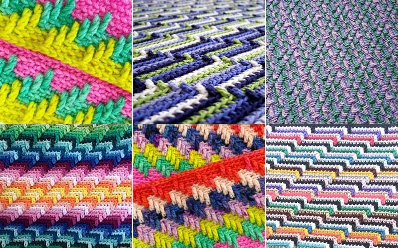 A collage showcasing six vibrant, zigzag-patterned knitted fabric samples in various color combinations, each perfect for inspiring new projects. These samples elegantly display the intricacies of techniques like the Apache Tears Stitch, adding a layer of artistry to any creation.