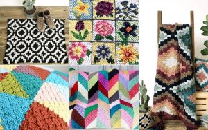 Collage of five colorful crochet and knitted patterns, featuring C2C techniques with geometric, floral, and striped designs. Ideal for fresh home decor ideas.