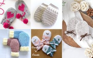 A cozy collage of crocheted baby mittens showcases a variety of designs and colors, including gray with pink hearts, cream with white trim, blue and pink with bows, and soothing neutral tones.