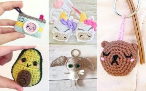 Five cute amigurumi keychains: a camera, unicorns, avocado, a creature with large ears, and a bear face. These easy amigurumi creations add charm to any collection effortlessly.