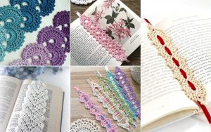 A charming collage of crocheted bookmarks adorns open books, showcasing various designs and colors like blue, pink, and beige. Discover the artistry behind these creations with free crochet bookmark patterns to try at home.