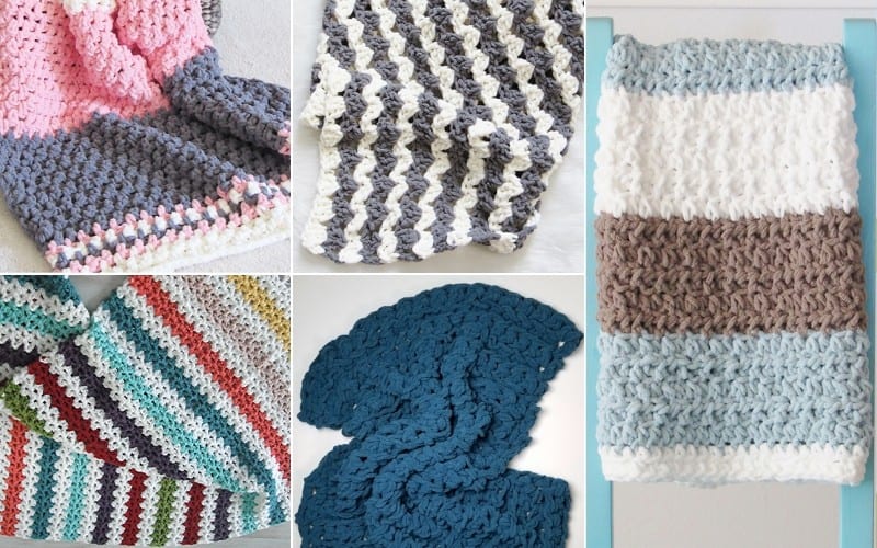 A collage of five beautifully crocheted blankets showcases a variety of patterns and colors, including playful stripes and dynamic chevrons, with hues of pink, gray, blue, white, and multicolor. Perfect for adding warmth to your home in just one day!