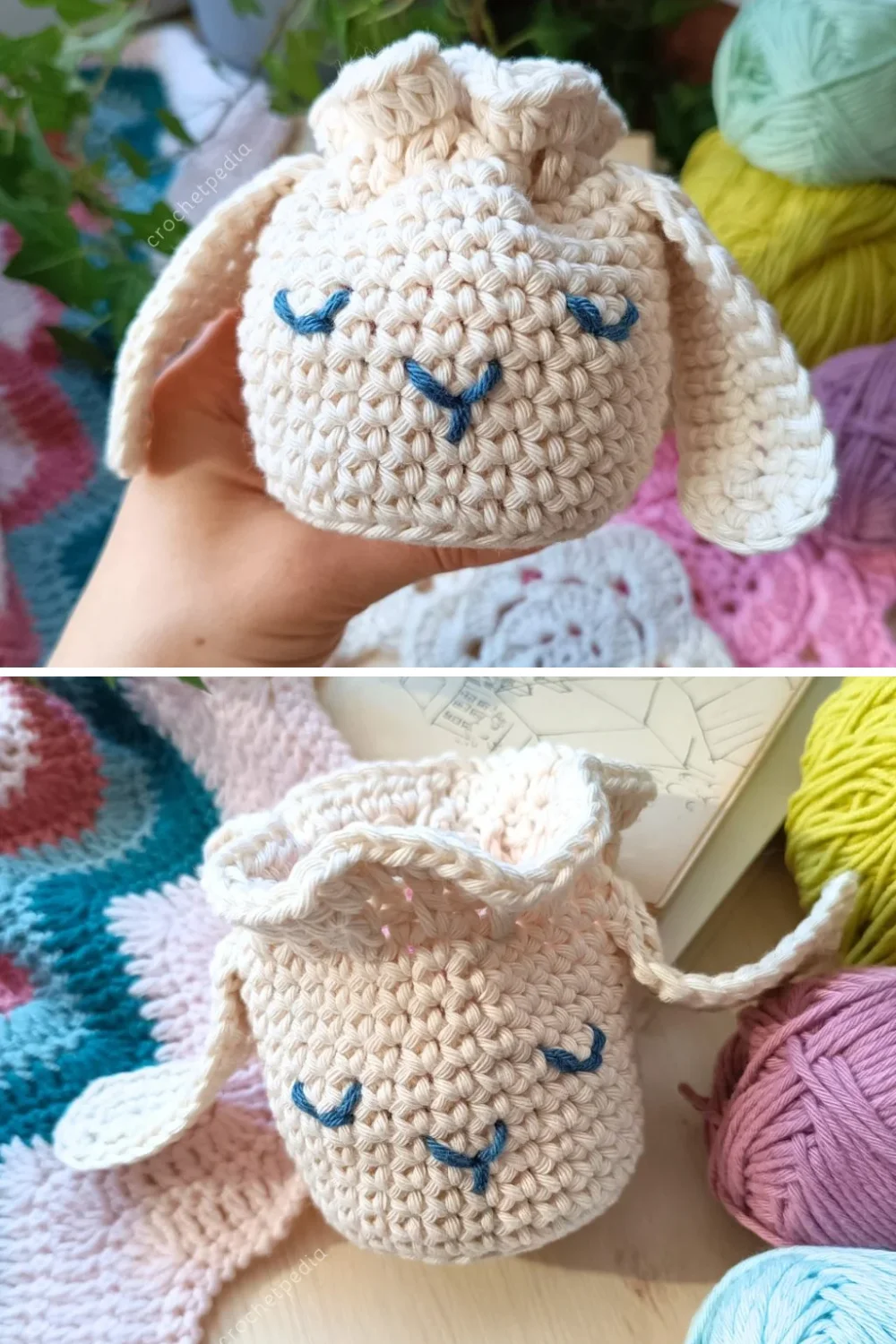 crochet drawstring pouch bag with ears to look like a sleeping sheep