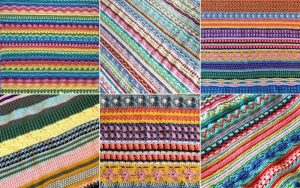 Collage of six colorful, textured crochet patterns featuring a variety of stripes and intricate designs, offering inspiring stitch ideas for your next Stitch Sampler Blanket.