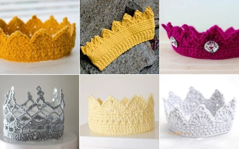 A stunning collage of six crochet crowns in vibrant hues: yellow, gold, magenta, silver, cream, and gray. Each crown is elegantly adorned with embellishments like rhinestones.