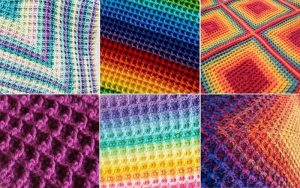 Collage of six crochet projects, each featuring vibrant rainbow colors and intricate textures, with one spotlighting the delightful waffle stitch.