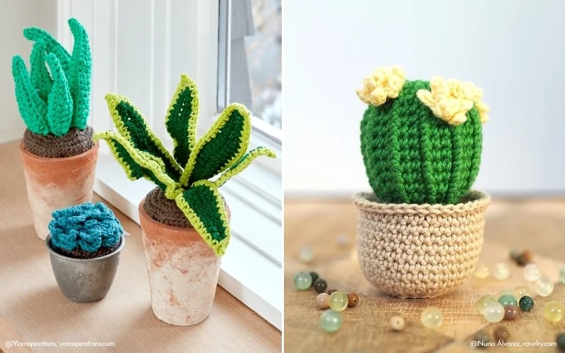 Crocheted succulents in pots, with green leaves and yellow flowers, are artfully displayed on a wooden surface near a window. For those inspired by these delightful creations, explore free crochet plant patterns to craft your own charming collection.