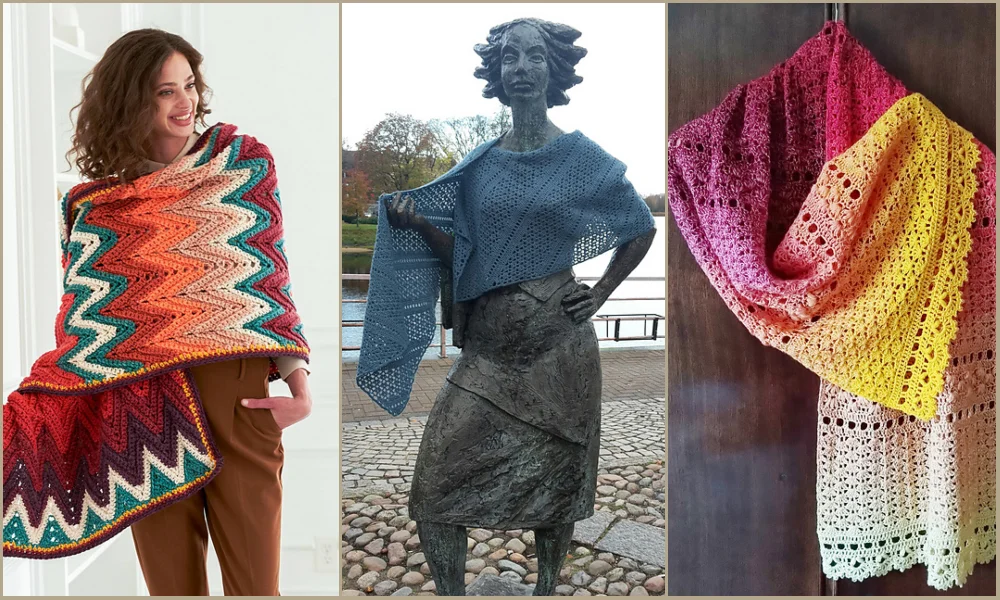 Three shawls: a woman wearing a colorful zigzag rectangular shawl, a statue draped with a blue shawl, and an ombre lace rectangular shawl hanging on a wall.