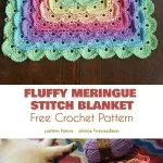 This Rainbow Baby Blanket showcases a multicolored crochet design with a fluffy meringue stitch pattern, featuring scalloped edges in pastel shades of purple, pink, yellow, green, and blue. Perfect for little ones looking to snuggle up in style.
