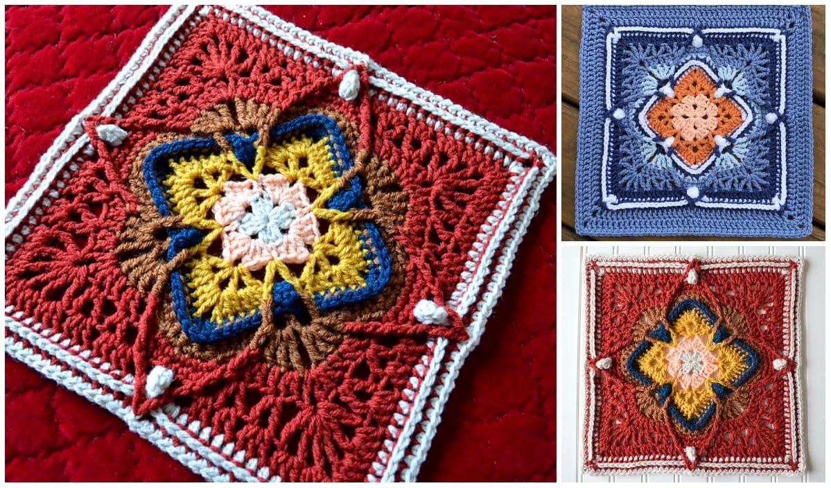 Three intricately crafted crochet square designs featuring a central flower pattern in multicolored yarns—truly a sight that brings cheers to any crochet enthusiast.