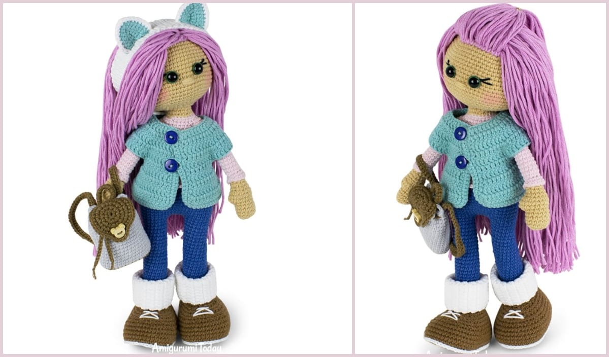 A crochet doll with long purple hair, dressed in a blue shirt, jeans, and boots, carries a small bear bag alongside a gray purse.