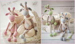 Two Amigurumi giraffe toys sit in baskets with yarn and a pair of scissors nearby.