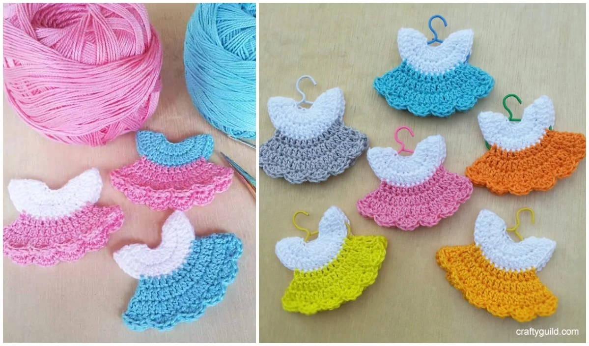 Crocheted dress-shaped ornaments in various colors are displayed on a surface, with pink and blue yarn balls in the background, showcasing mini dresses you can create using crochet patterns. Perfect for a vibrant touch to your decor or as a project inspired by a video tutorial.