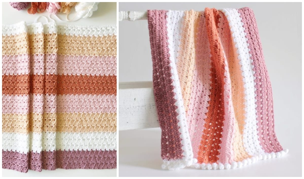 Two crocheted blankets, inspired by modern granny designs, feature stripes in shades of pink, peach, and white. They are displayed on a flat surface and draped over a bar. Discover free crochet patterns to craft your own version of these stylish creations.