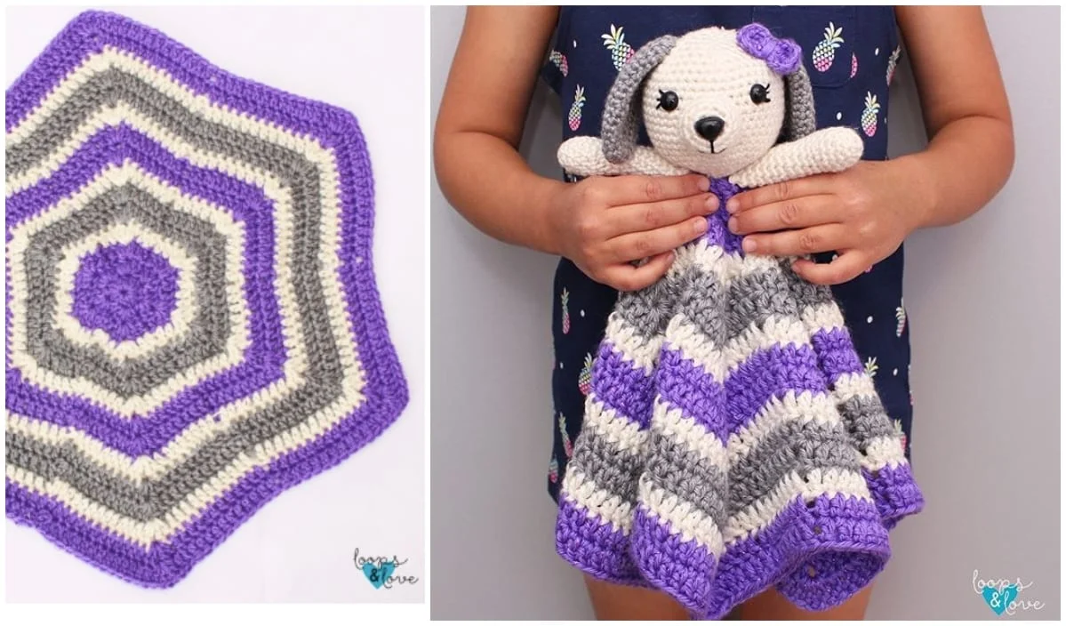 Child holding a purple, gray, and white crocheted puppy lovey; next to it, a matching hexagonal crochet blanket that showcases intricate crochet patterns.