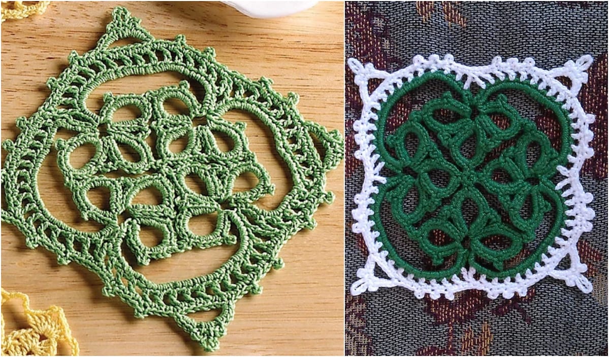 Two crocheted square doilies: one green with intricate crochet patterns resembling Celtic tiles on a wooden surface, the other green with a white border on a patterned fabric background.