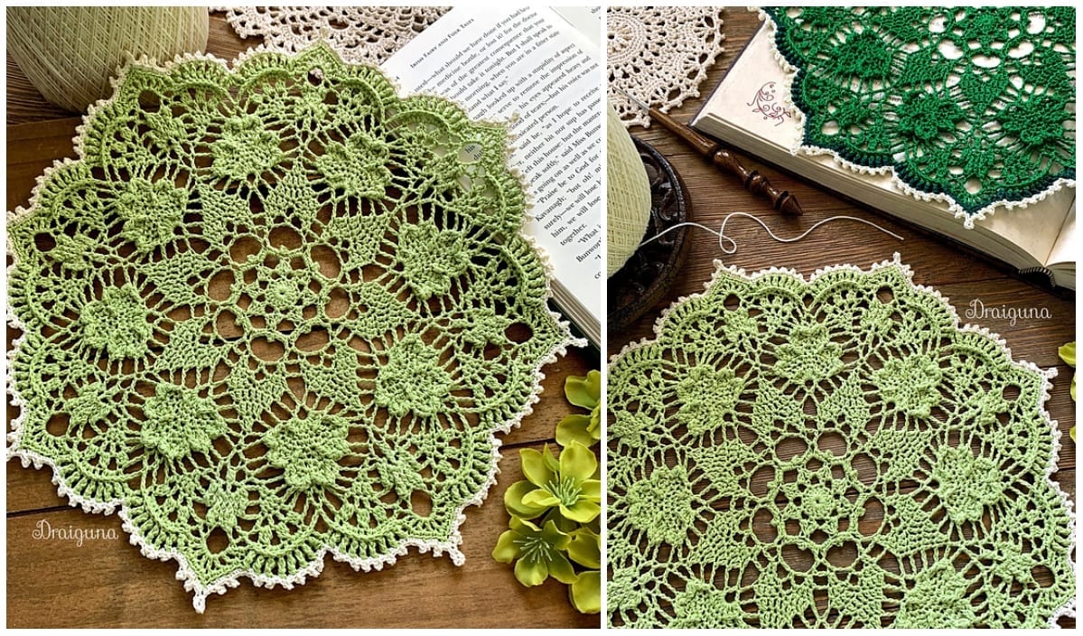 Two images showcase intricately crocheted green doilies, exuding a vintage charm, resting on a wooden surface alongside books and a green artificial flower.