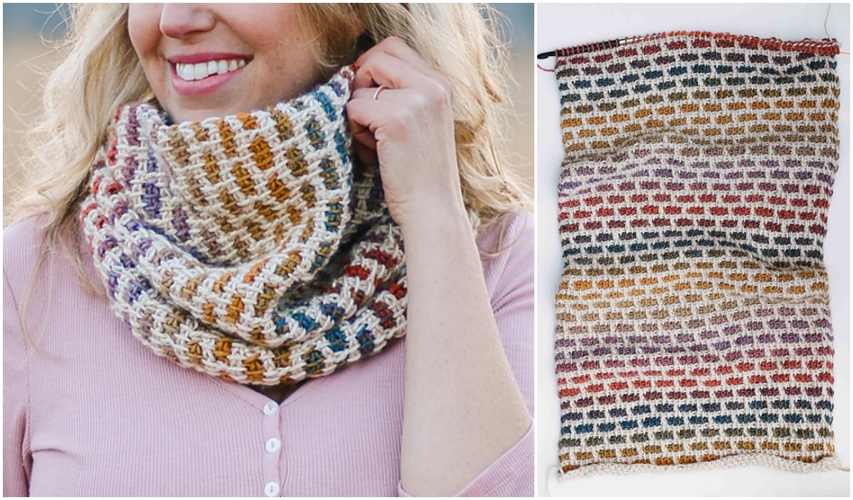 A woman wears a multicolored knit cowl, shown close-up. A separate image showcases this free crochet pattern, with the textured fabric laid flat, highlighting its colorful design.