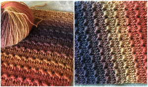 Knitted fabric with a ball of gradient yarn in warm tones, displaying textured stitches with varying shades from dark purple to light brown—a style reminiscent of Tunisian scarf free crochet patterns.