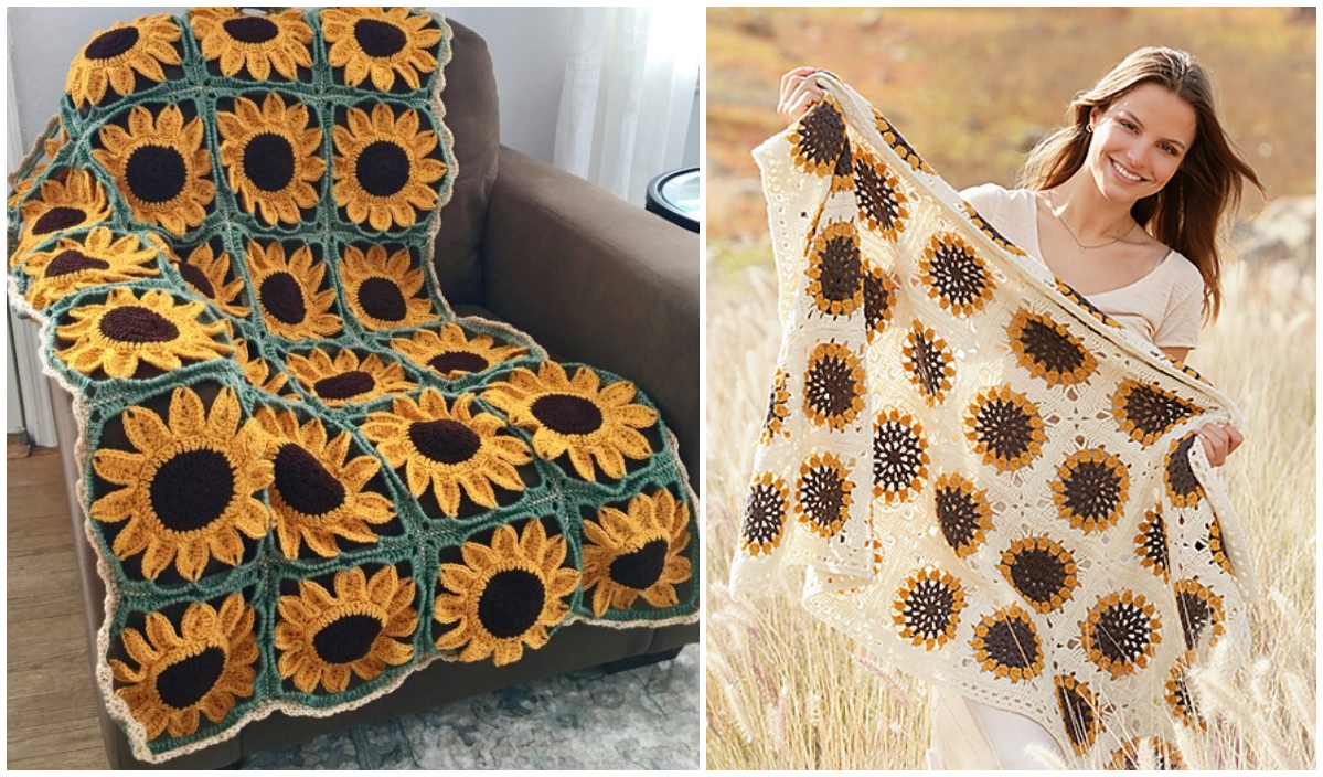 A crocheted sunflower blanket drapes elegantly over a chair, while a woman outdoors holds another similar masterpiece from the Sunflower Project.