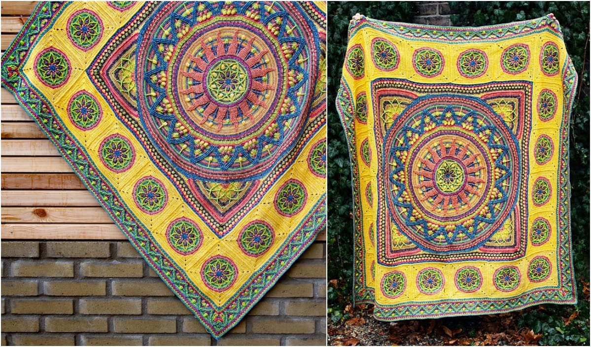 Two images showcase a colorful, intricately patterned quilt with circular and geometric designs on a bright yellow background. Part of the Sunny Project, this quilt is artfully displayed against brick and greenery backgrounds, highlighting its vibrant charm.