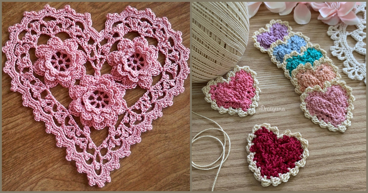 Crocheted heart designs in various patterns and colors are displayed on a wooden surface, alongside a spool of thread and additional crochet elements, perfect for creating charming heart hanger appliques.