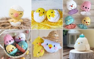 A collage of amigurumi birds and chicks, including two nestled in eggshells, a chick sporting a hat, and several with charming pink and blue features. Discover inspiration for your own creations with these captivating designs.