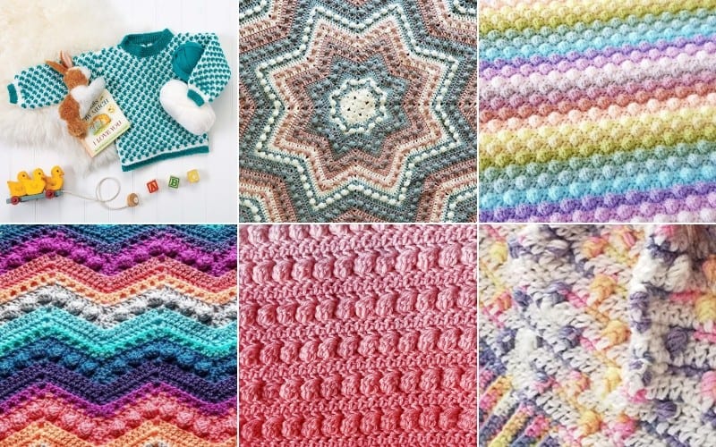 A collage showcasing six images of crocheted items, featuring a multicolored sweater and various crochet projects. Highlights include free patterns with different stitches, such as the bobble stitch, all in vibrant color schemes.