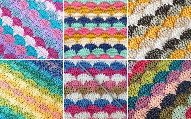 A vibrant collage of six crocheted patterns showcases the artistry of crochet projects, with scalloped designs and clamshell stitches in dazzling color combinations.