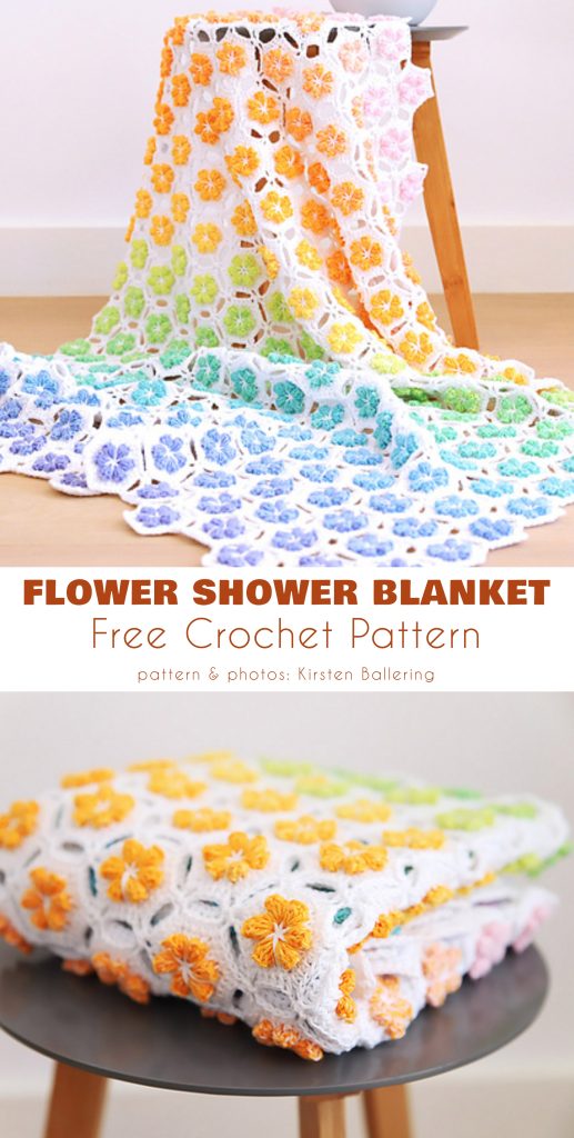 A colorful crocheted blanket with puff stitch flower motifs in pastel shades, draped over a chair and folded on a table; text reads "Flower Shower Blanket Free Crochet Pattern".