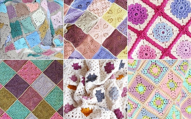 Collage of six colorful crochet square blankets featuring intricate patterns and designs, with delicate lace accents and floral motifs.