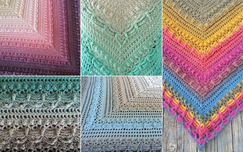 Collage of six crocheted shawls, including the popular Lost in Time design, showcasing intricate patterns and vibrant colors, perfect for those seeking shawl ideas.