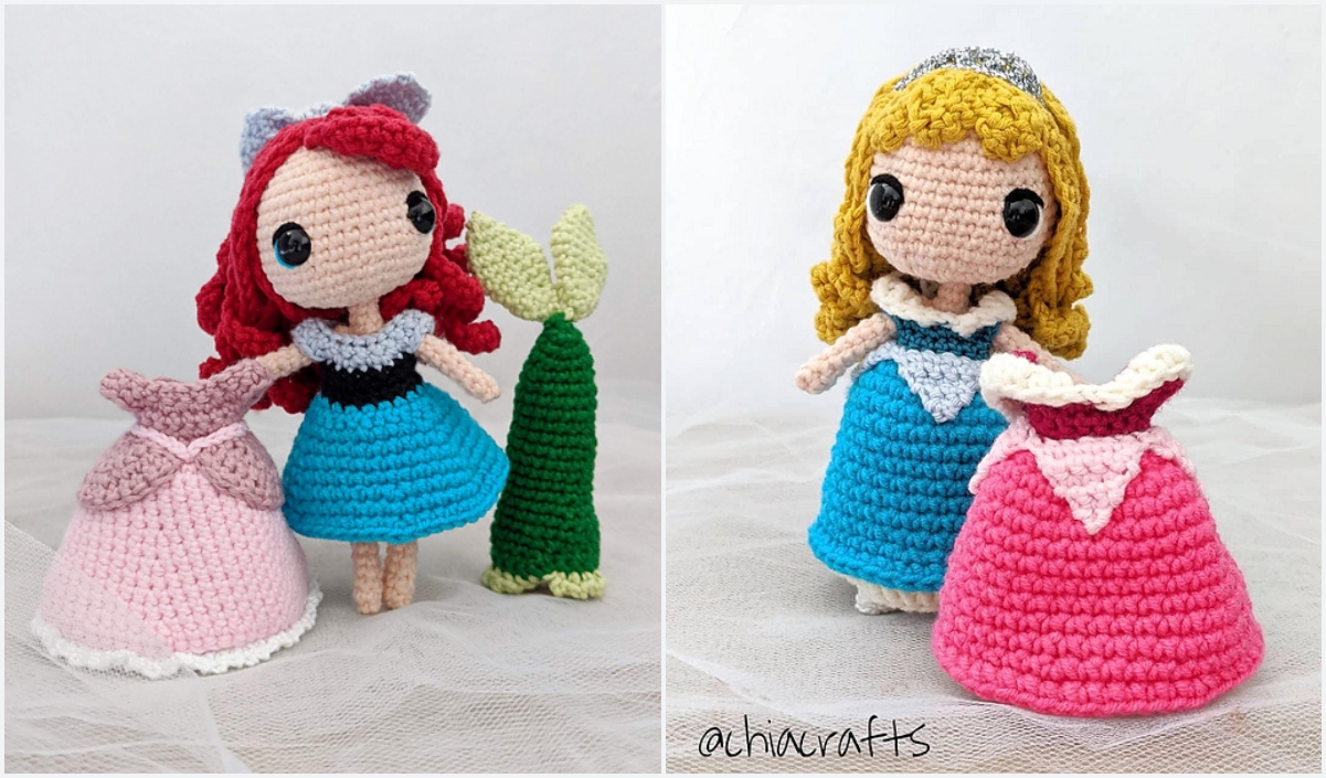 Two crocheted dolls: a tiny doll with red hair and a green tail resembling a movie character, and another with blonde hair donning a silver crown. Each comes with two additional outfits in pink and white, perfect for those seeking free crochet patterns.