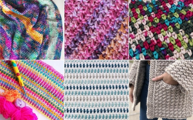 A collage of six crochet patterns in various colors and textures, featuring Moss Stitch and Linen Stitch designs. One image showcases a hand slipping into the pocket of a crochet garment, sparking creative ideas for multicolored textured projects.