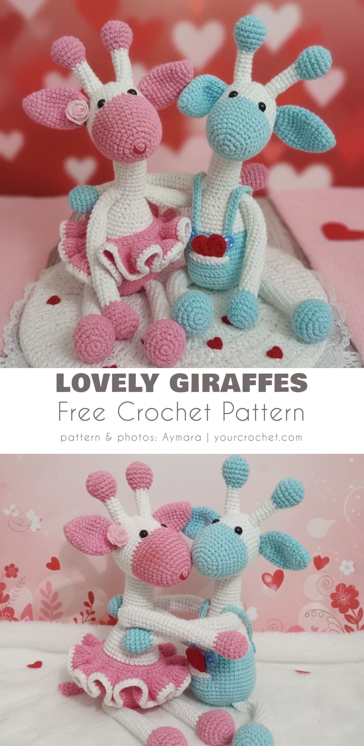 Two pink and blue amigurumi giraffe dolls sitting together, with text reading “Lovely Giraffes Free Crochet Pattern.”