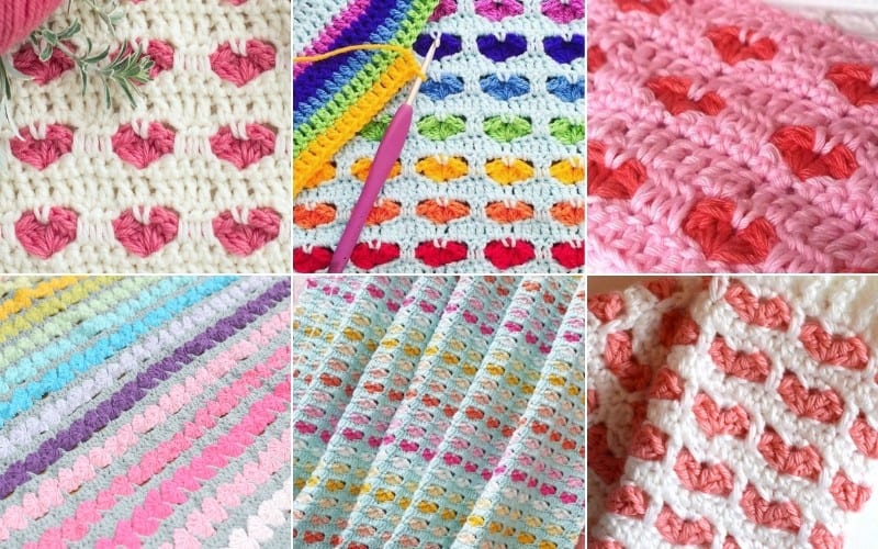 A delightful collage of six crochet patterns showcases hearts in vibrant hues like pink, red, and orange. Featuring textured backgrounds, these designs include a Heart Stitch perfect for Valentine's Day crafting, and best of all, they're free patterns!