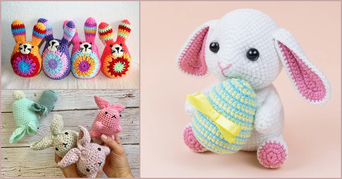 Crocheted bunnies in various colors: left, colorful striped bunnies; bottom left, pastel bunnies held in hand; right, a large Easter Bunny holding a yellow and blue striped egg. Discover your next creation with these free crochet patterns.