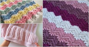 Crocheted blankets with colorful patterns and textures are displayed in three sections: a multicolor wave pattern, a pink and purple wave pattern, and a textured baby blanket with a pink ribbed design being held.
