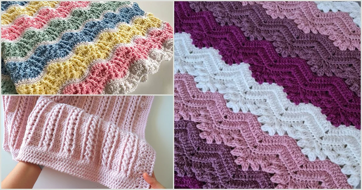 Crocheted blankets with colorful patterns and textures are displayed in three sections: a multicolor wave pattern, a pink and purple wave pattern, and a textured baby blanket with a pink ribbed design being held.